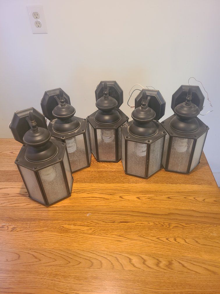 Set of 5 Outdoor Wall Lanterns - Hexagonal Design with Frosted Glass Panels