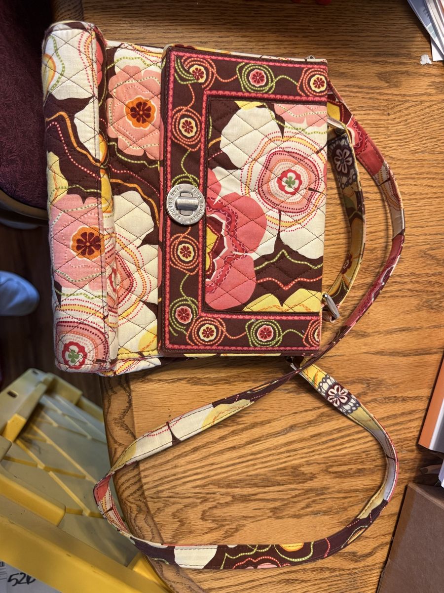 Vera Bradley Quilted Floral Crossbody Bag Purse Wallet Brown Pink Yellow