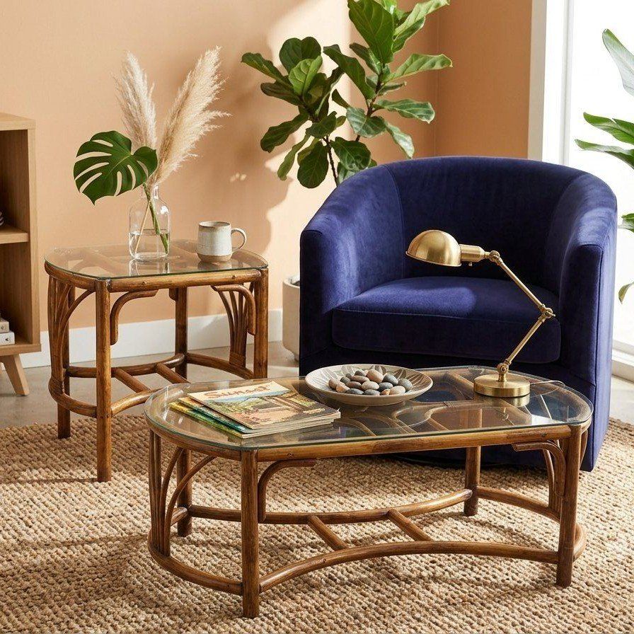 Vintage Boho Chic Rattan Coffee + End Table