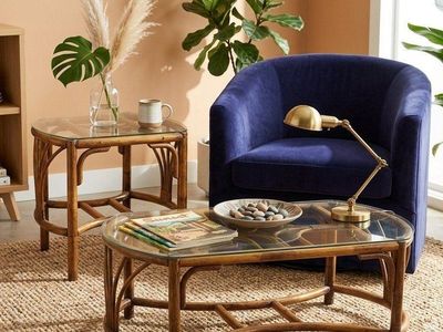 Vintage Boho Chic Rattan Coffee + End Table