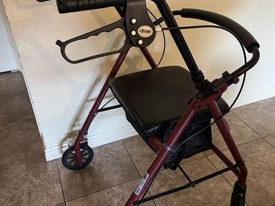 Drive Medical Four-Wheel Rolling Walker with Seat and Brakes, Burgundy