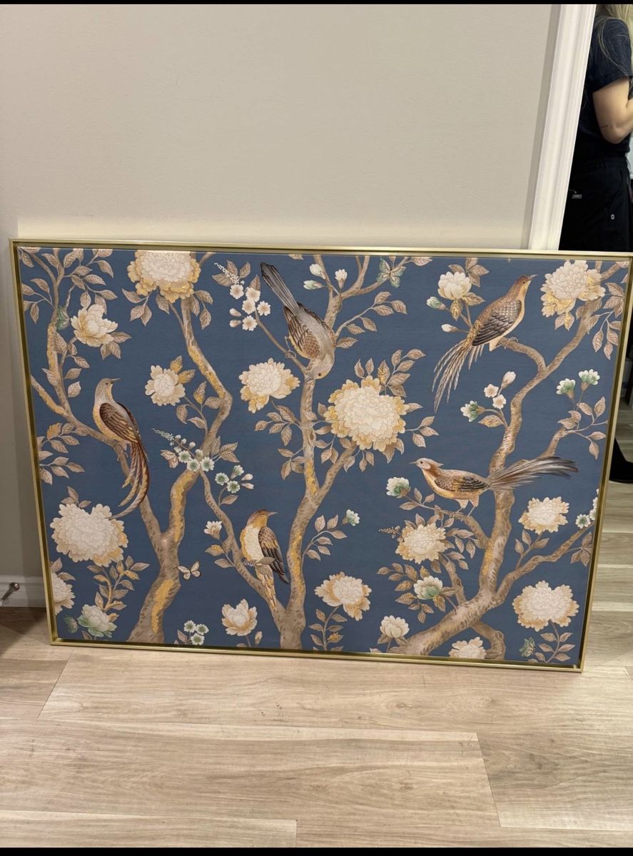 Chinoiserie Style Wall Art: Birds & Floral Print in Gold Frame - Excellent Condition