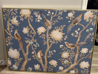 Chinoiserie Style Wall Art: Birds & Floral Print in Gold Frame - Excellent Condition