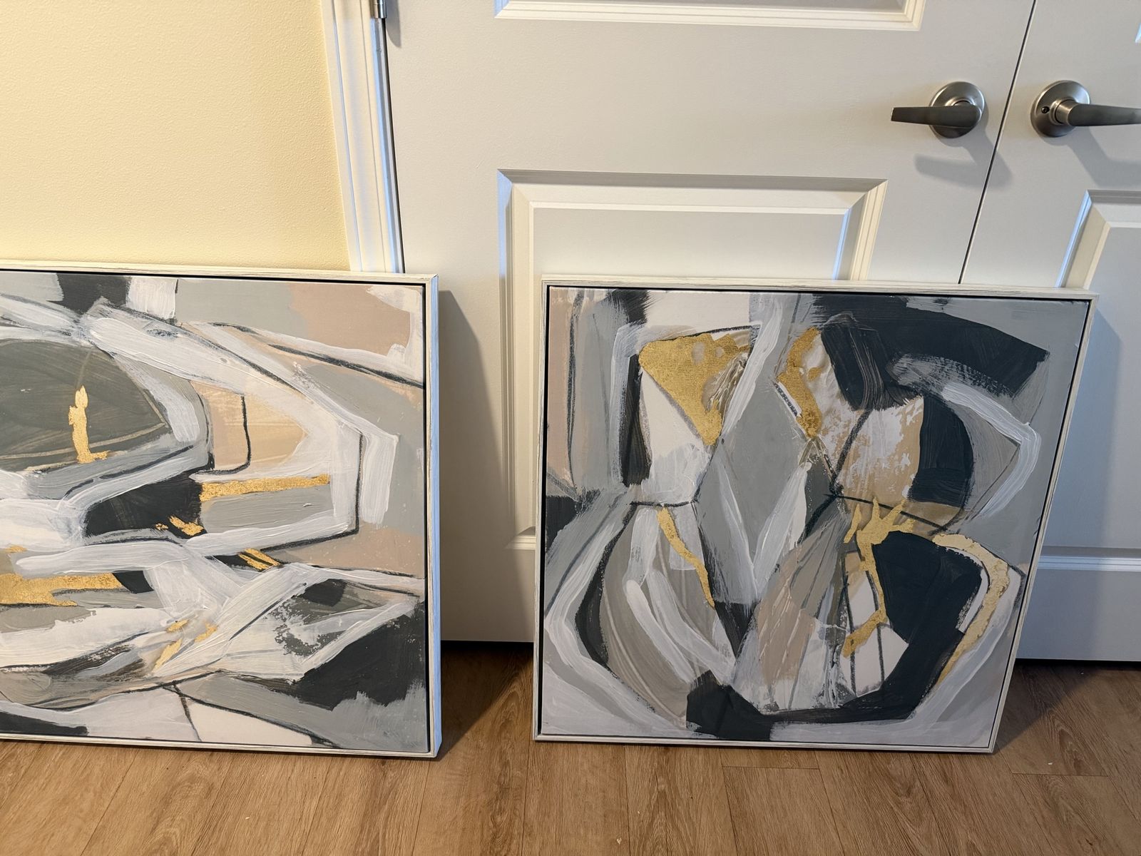 Abstract Canvas Wall Art Set of 2 - Grey, Black, Gold & White Geometric Design Framed Prints