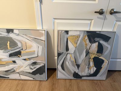 Abstract Canvas Wall Art Set of 2 - Grey, Black, Gold & White Geometric Design Framed Prints