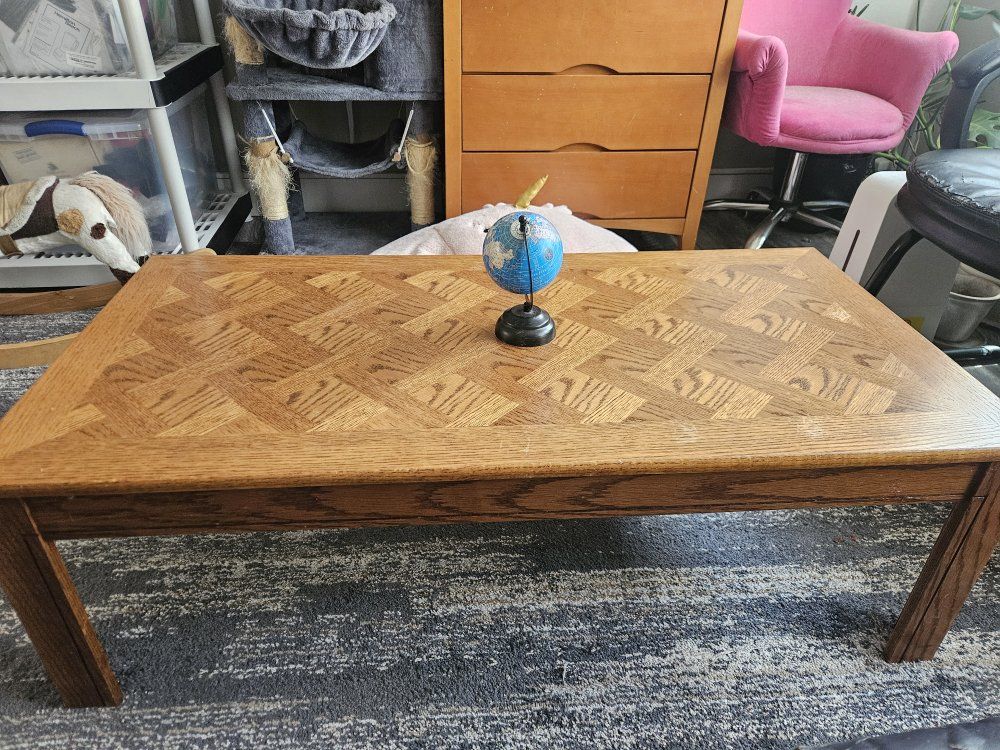 Classic Wood Coffee Table with Parquet Top - Medium Oak Finish, Rectangular