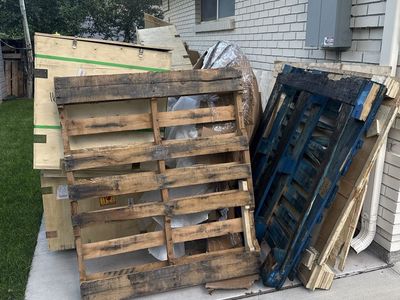 Assorted Wooden Pallets and Large Shipping Crates for reuse or DIY or Projects or firewood