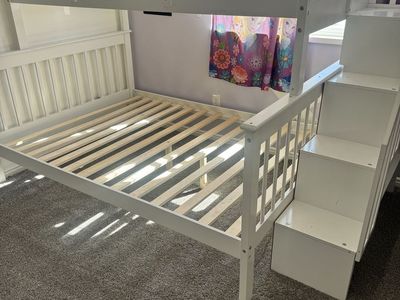 White Wooden Bunk Bed with Built-in Stairs and Slats