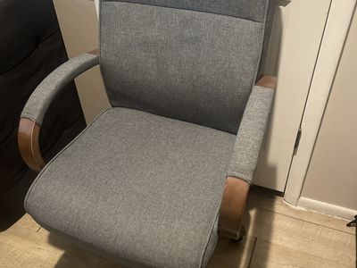 Gray Fabric Office Desk Chair with Wooden Accents and Wheels