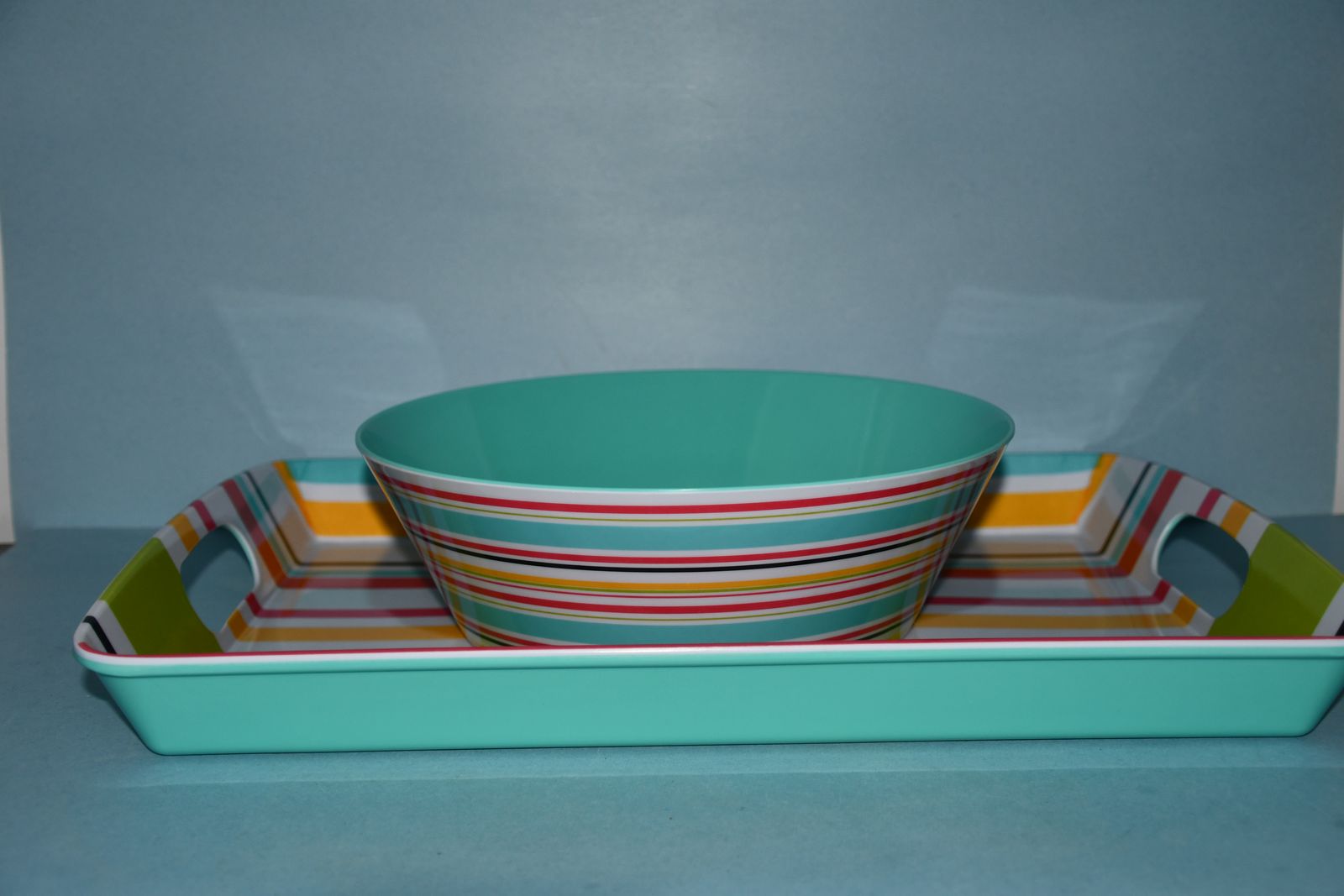 2 NEW "SUMMERTIME" SERVING PIECES ~ BOWL & TRAY ~ BRIGHT, COLORFUL STRIPES ~ DURABLE ~ QUALITY ~ NEVER USED!