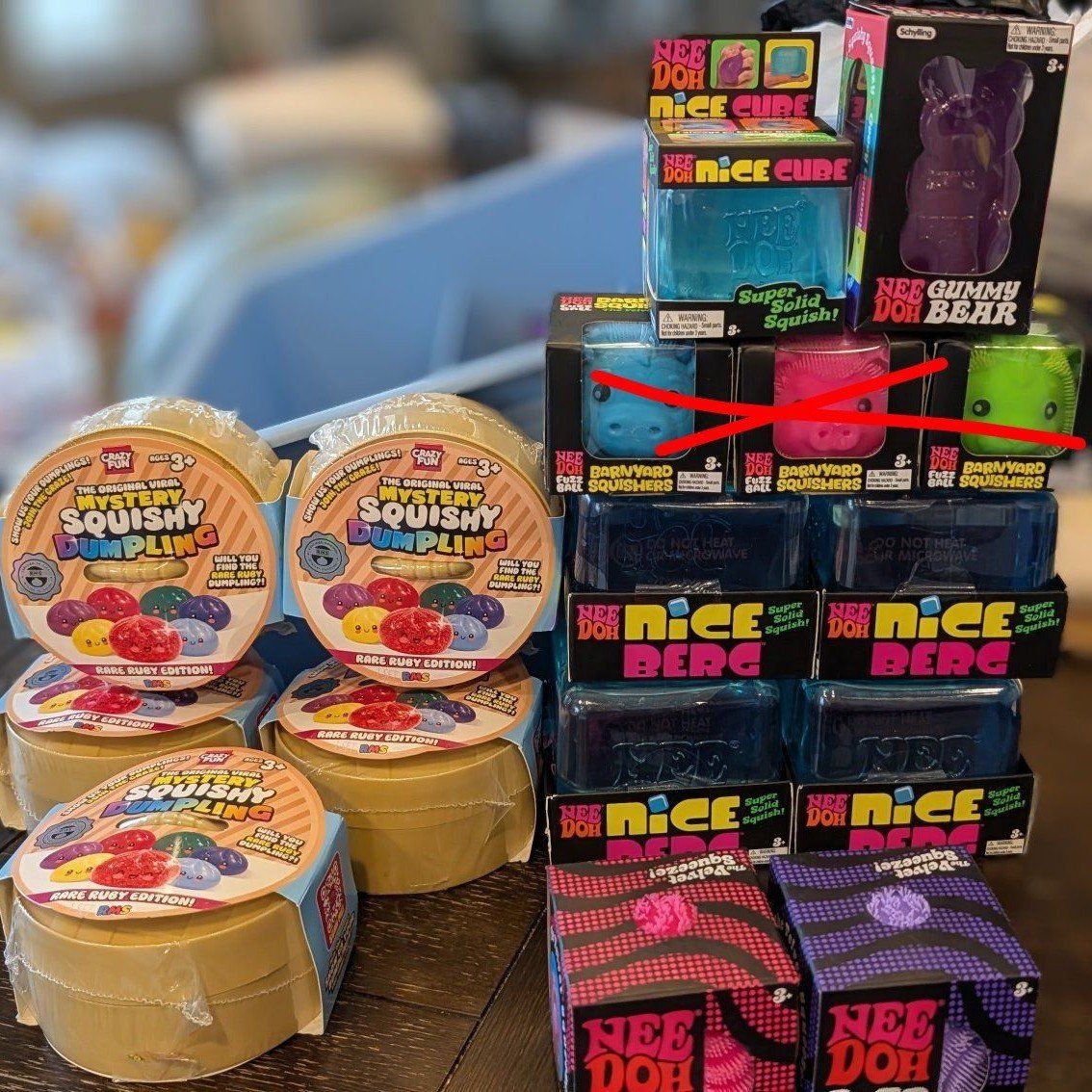 NeeDoh Squishies Lot: Nice Cube, Niceberg, Gummy Bear, RMS Mystery Squishy Dumpling, Fuzz Ball