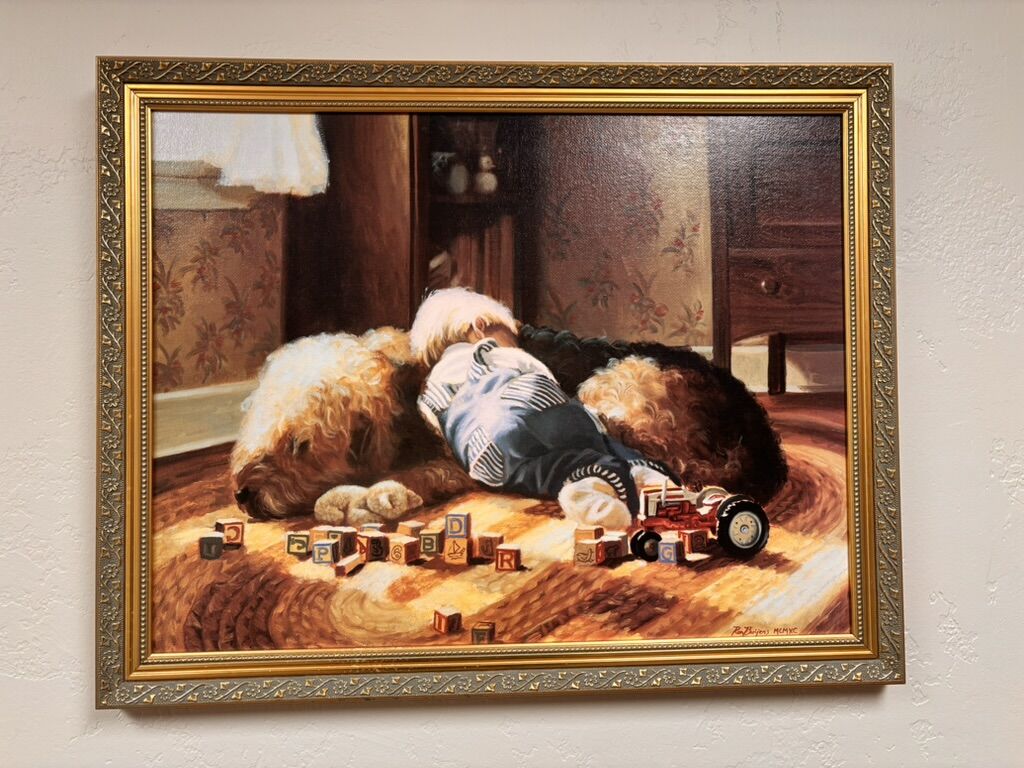 Framed Child & Dog Print – 26.75” x 21” – Warm Traditional Artwork
