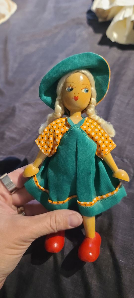 Wooden Peg Doll Poland Folk Art Painted Face Vintage Orange Dress 7" Tall