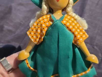 Wooden Peg Doll Poland Folk Art Painted Face Vintage Orange Dress 7" Tall