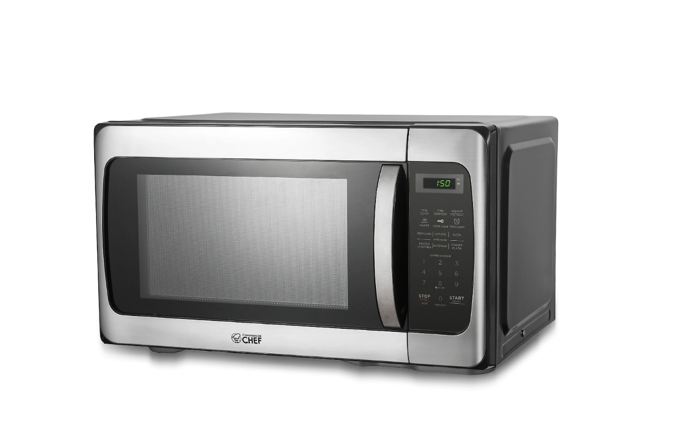 New in Box Commercial Chef 1.1 Cu. Ft. 1000W Countertop Microwave Oven, Silver/Black