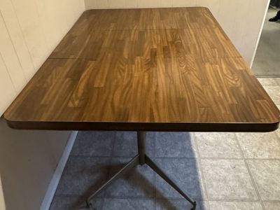 Vintage Mid-Century Modern Extensible Dining by Table with Pedestal Base, Wood Finish