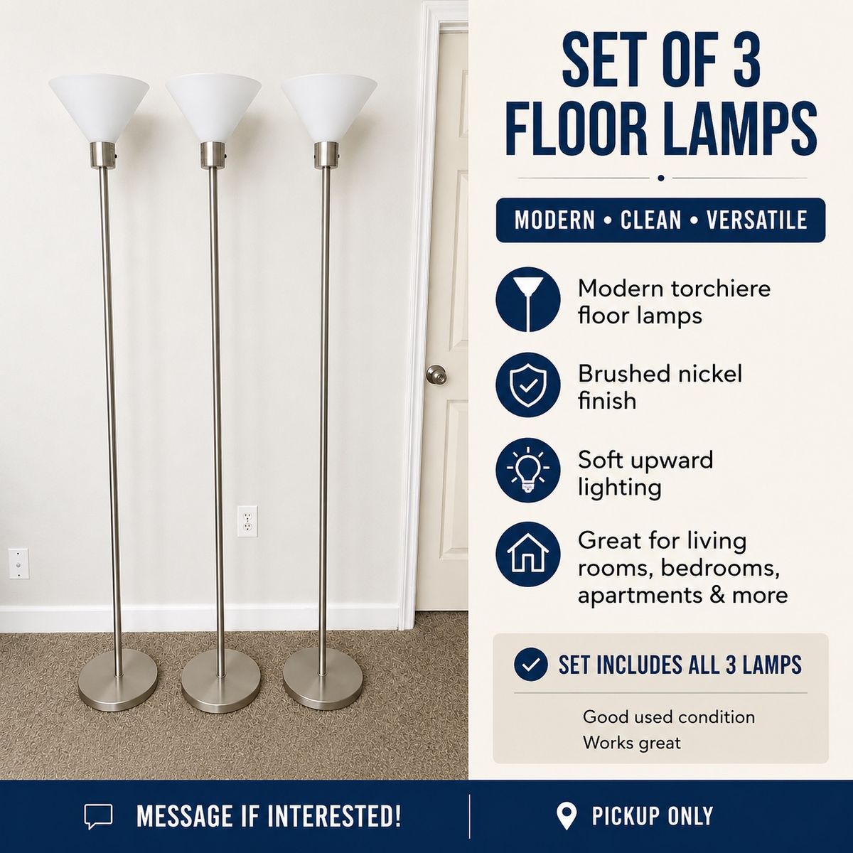 Set of 3 Modern Floor Lamps – Brushed Nickel