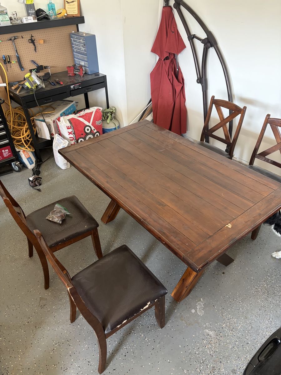 Dark Wood Dining Table with X-Base and 4 Chairs - Seats 4-6, Solid Wood Construction