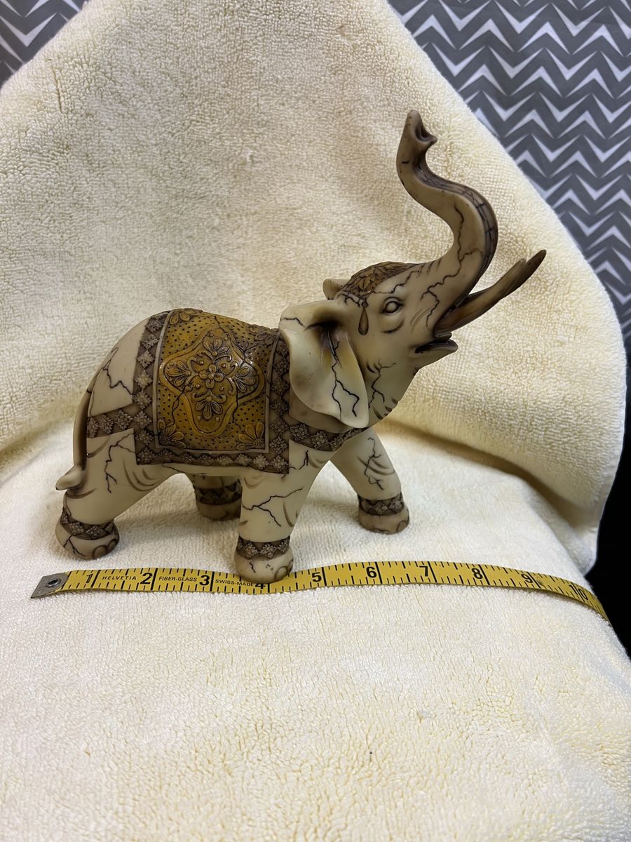 Vintage Hand-Carved Resin Elephant Statue, 6.5" Trunk Up, Good Luck Home Decor. New