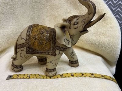 Vintage Hand-Carved Resin Elephant Statue, 6.5" Trunk Up, Good Luck Home Decor. New