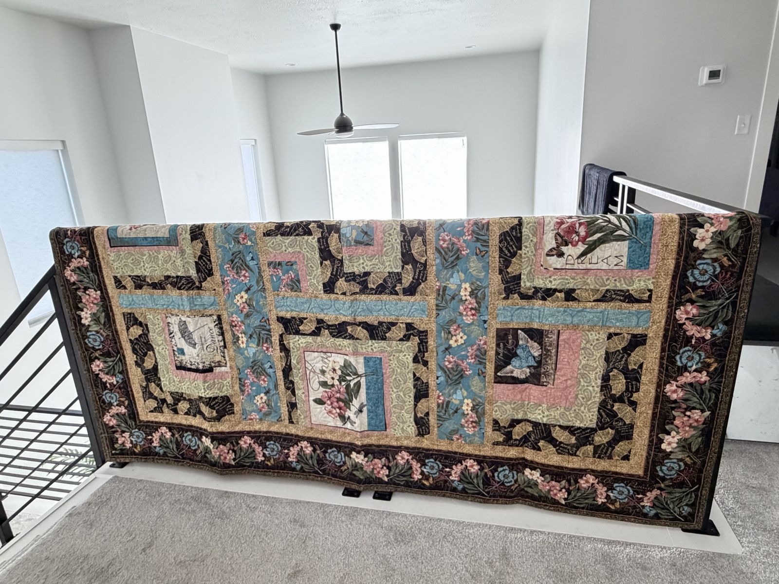 Handmade Floral & Butterfly Quilted Throw Blanket/Quilt - Blue, Pink, Green, Black