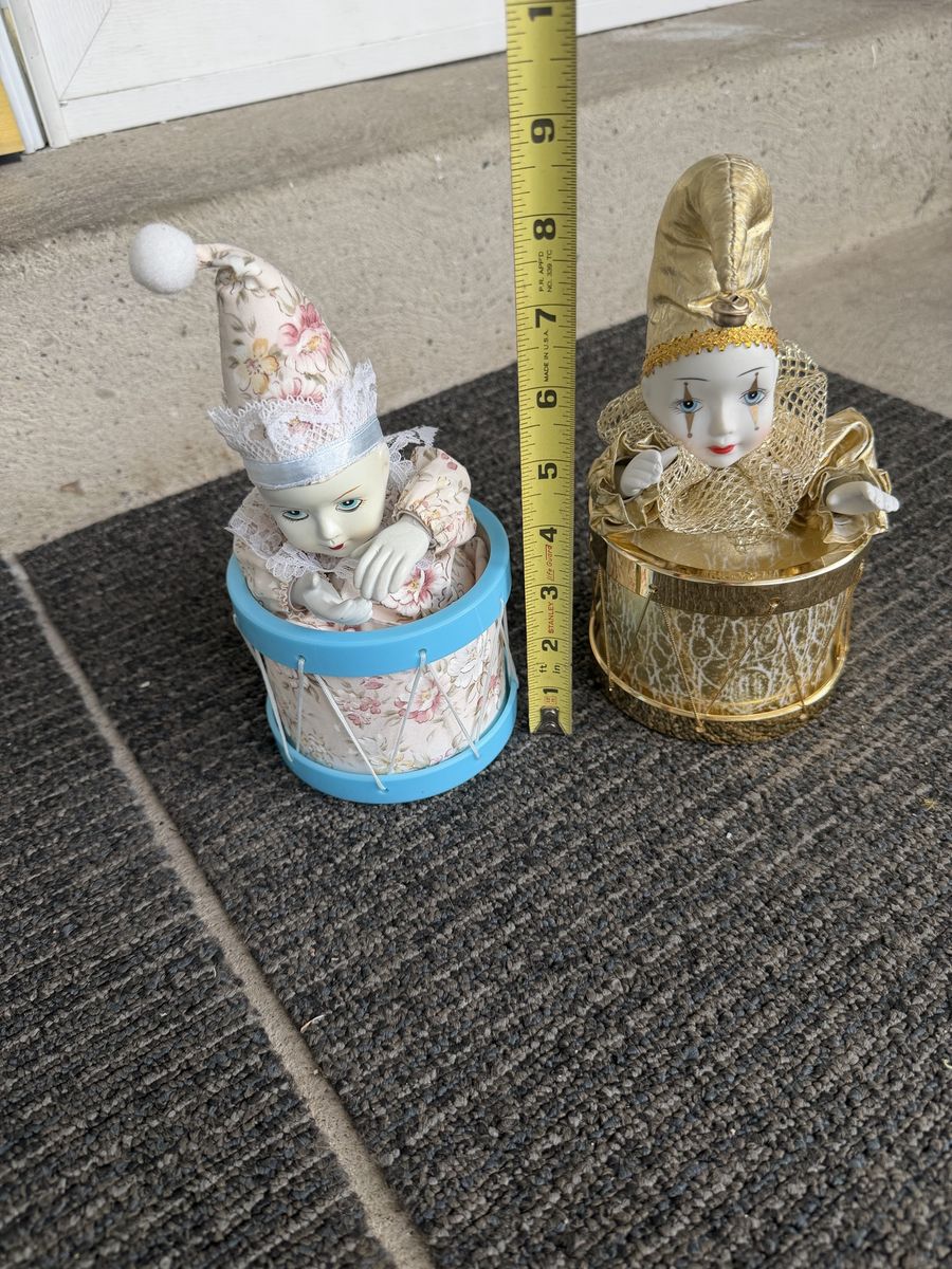 Set of 2 Porcelain Pierrot Clown Dolls in Decorative Drums 8" Vintage