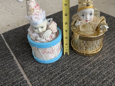 Set of 2 Porcelain Pierrot Clown Dolls in Decorative Drums 8" Vintage