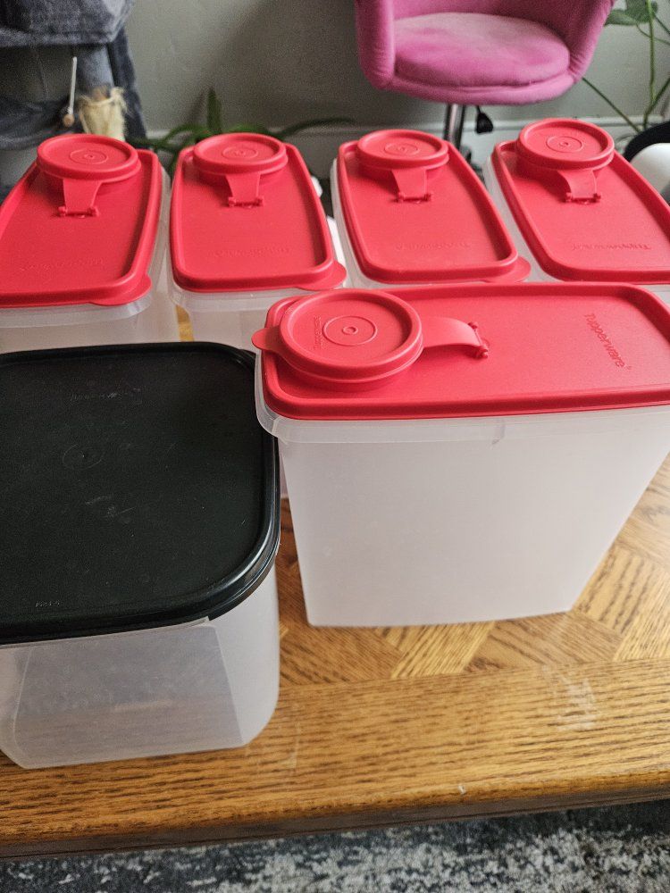 Tupperware Modular Mates & Cereal Containers - 8-Piece Set, Red/Black Lids, Pantry Storage