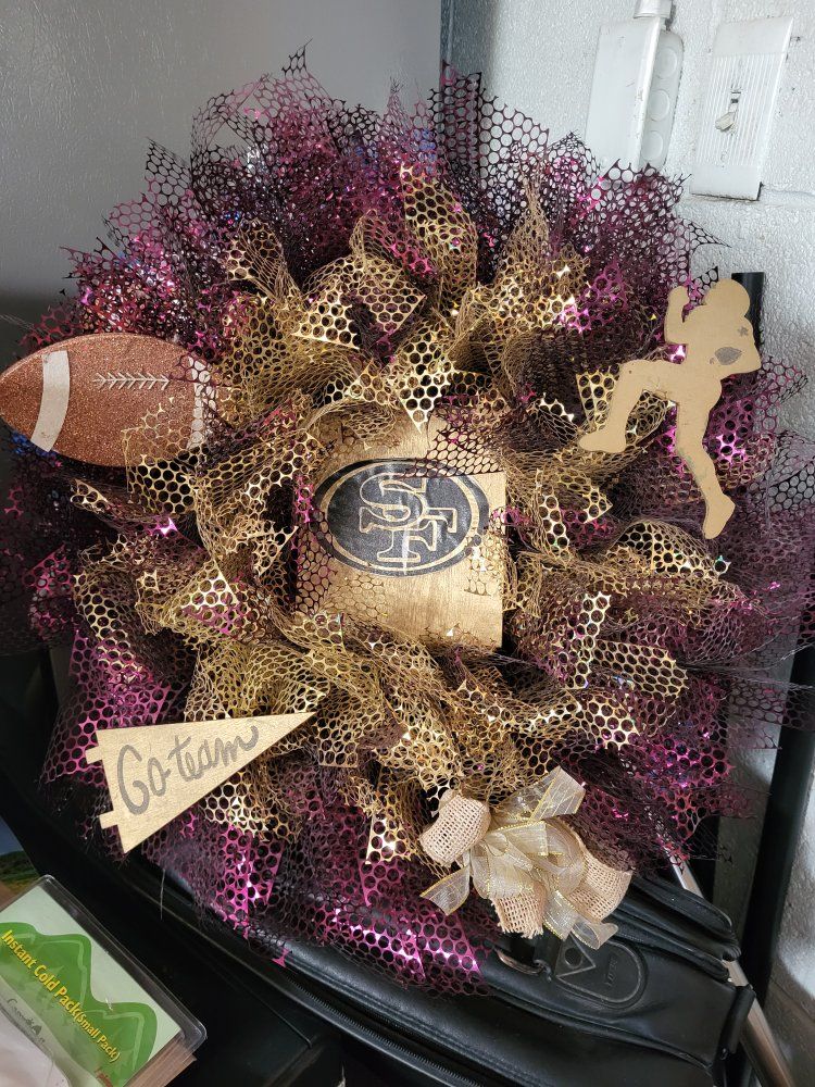 San Francisco 49ers Football Mesh Wreath - Gold & Maroon Decor, Fan Home Decoration