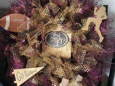 San Francisco 49ers Football Mesh Wreath - Gold & Maroon Decor, Fan Home Decoration