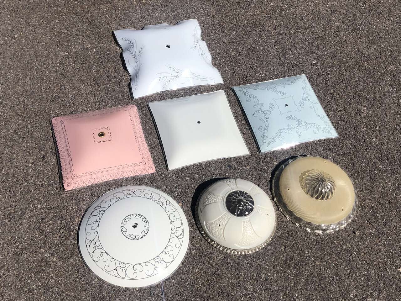 Vintage Mid Century Modern glass ceiling lampshade +older antique art deco ceiling light sconces, MCM lifht shade art deco