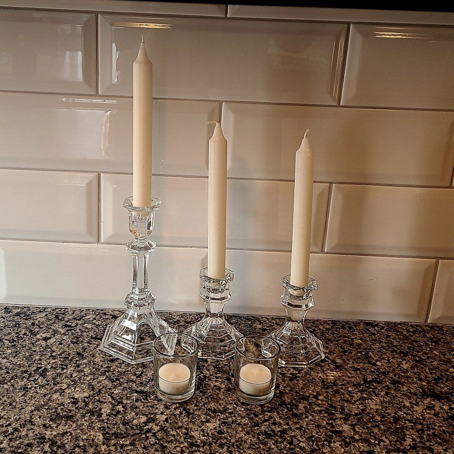 5 Glass Candle Holders + Candles