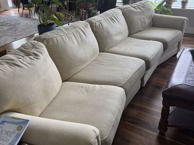 Curved Beige Sectional Sofa - 4 Seat Couch, Fabric Upholstery, Traditional Style