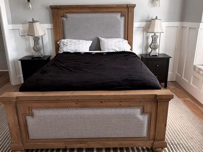 Queen Size Wooden Bed Frame with Upholstered Headboard and Footboard - Nailhead Trim Detail