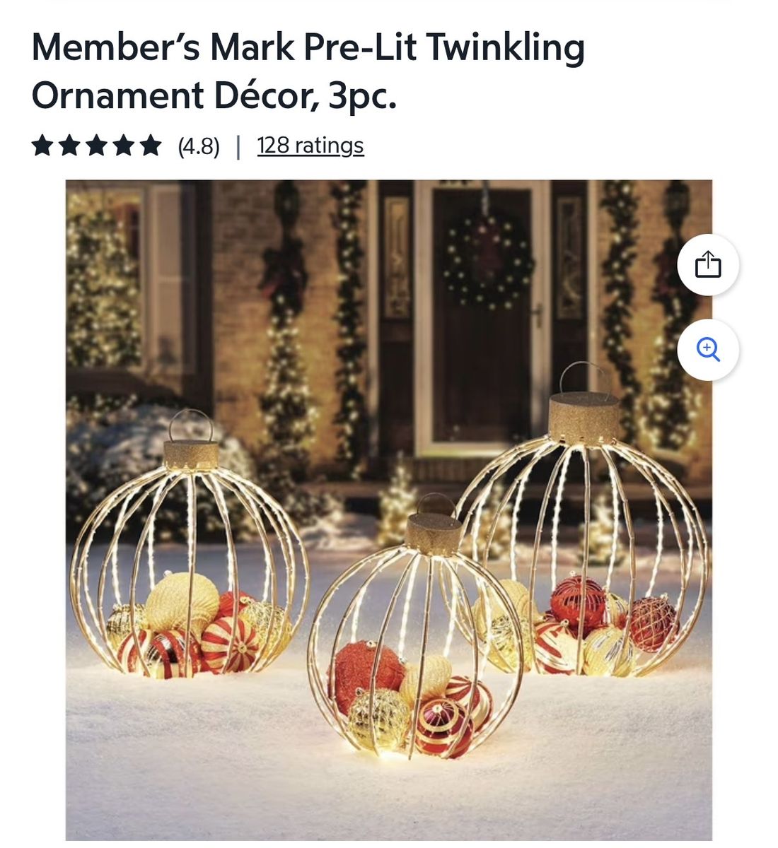 Member's Mark Pre-Lit Twinkling Ornament Decor 3pc Set