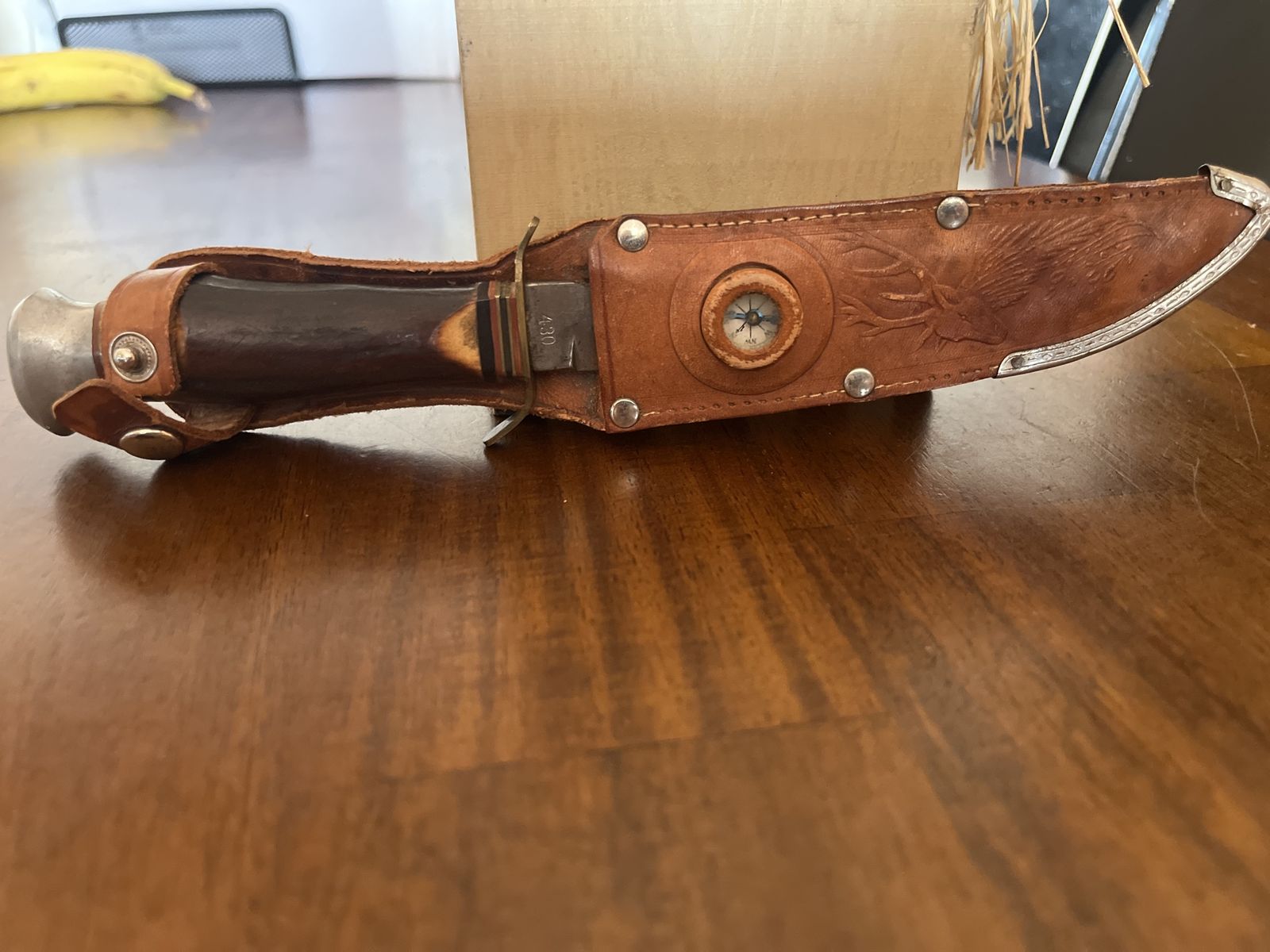 Vintage Fixed Blade Hunting Knife with Tooled Leather Compass Sheath No. 430