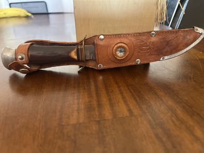 Vintage Fixed Blade Hunting Knife with Tooled Leather Compass Sheath No. 430