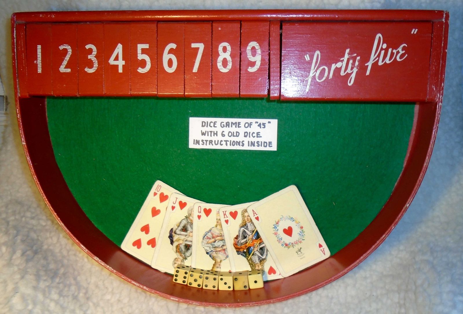 ~ ANTIQUE ~ “45”  “Shut the Box” Dice Game  With 6 OLD DICE Several OLD PLAYING CARDS