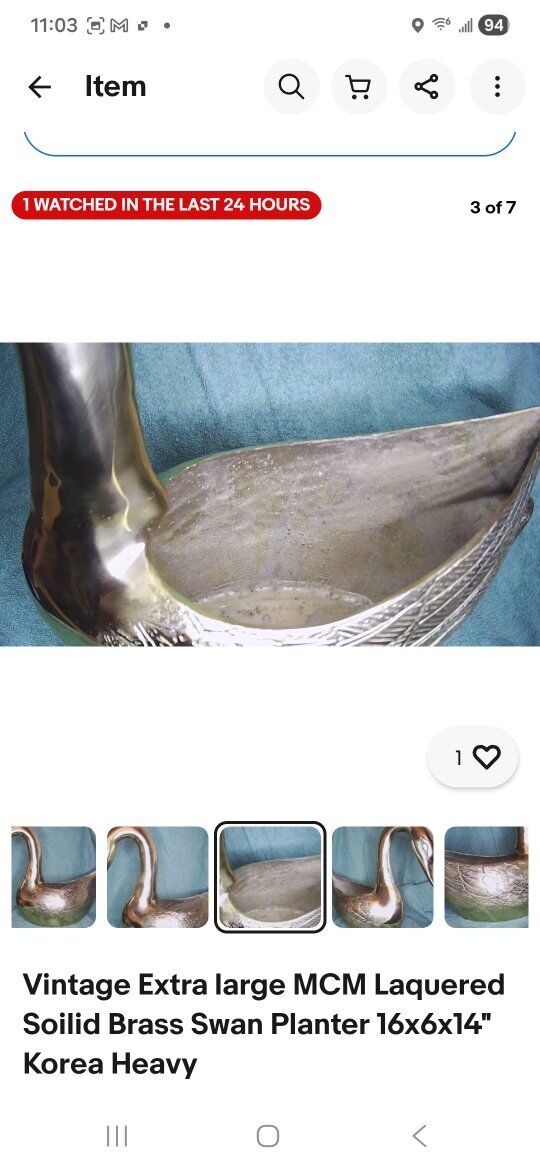 Large Vintage MCM Brass Swan Planter