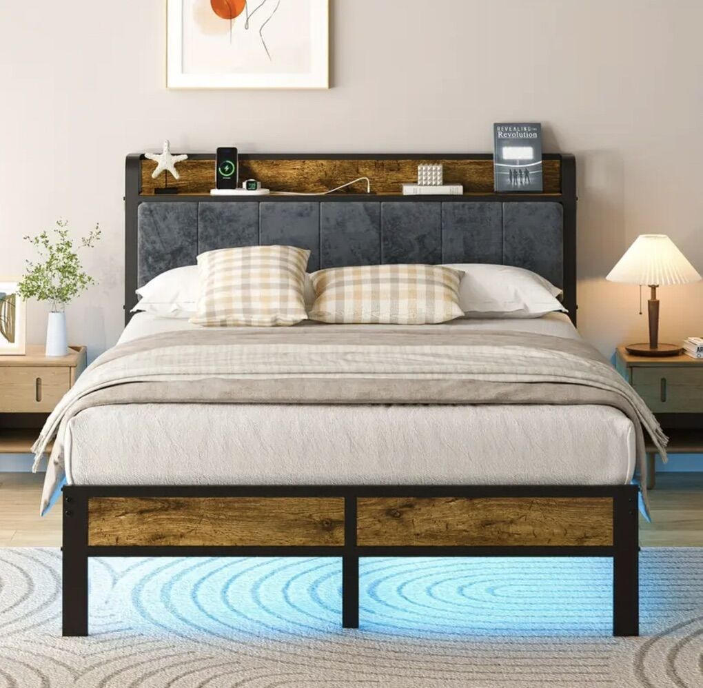 Queen Bed Frame w/ LED Lights & Charging Station