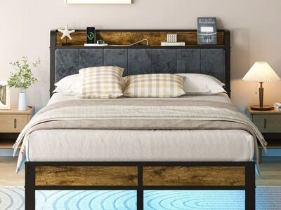 Queen Bed Frame w/ LED Lights & Charging Station