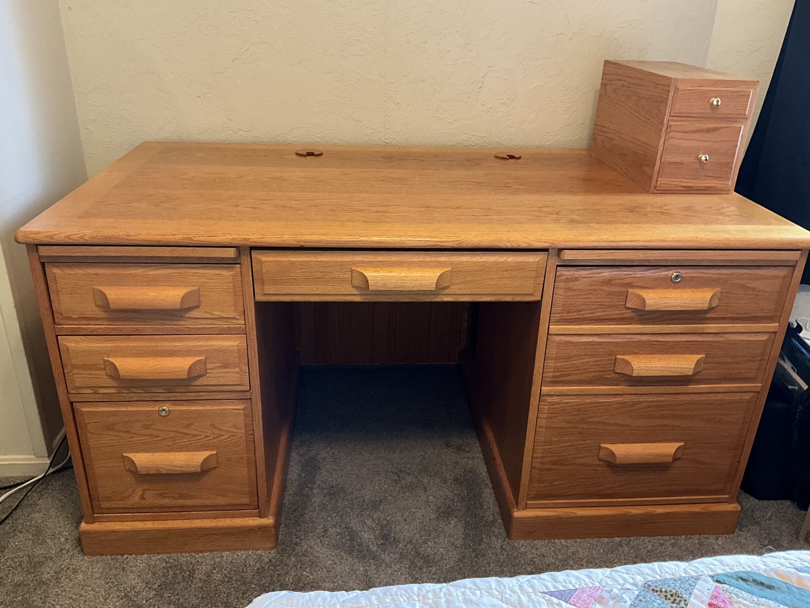 Large Custom Oak Executive Desk - 60" x 33" with Keyboard Tray and Pull-Out Surfaces