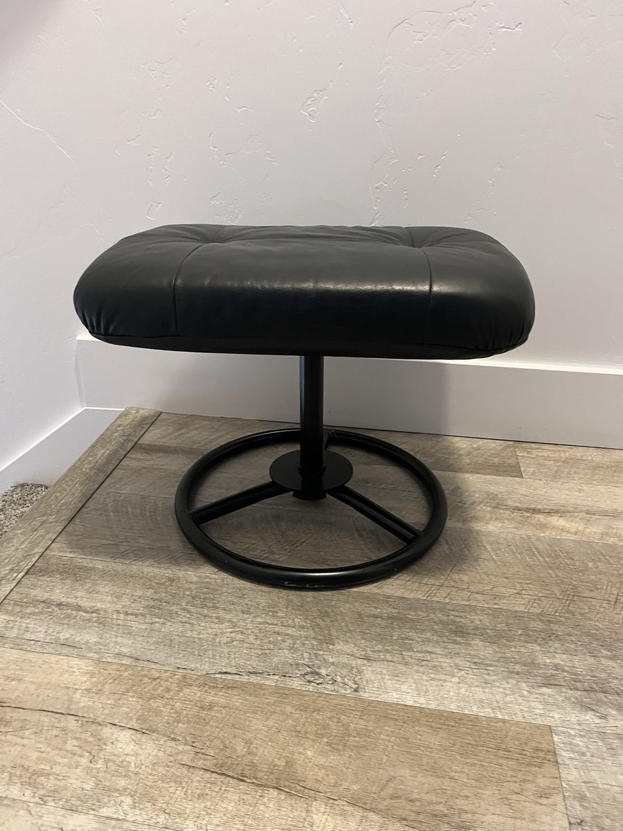 Black Leather Ottoman / Footstool with Metal Base