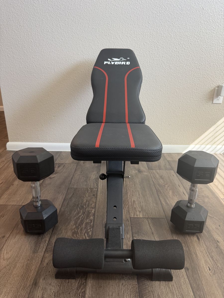 Flybird Adjustable Weight Bench + Pair of 35 lb Hex Dumbbells – Great Home Gym Set