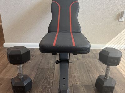 Flybird Adjustable Weight Bench + Pair of 35 lb Hex Dumbbells – Great Home Gym Set