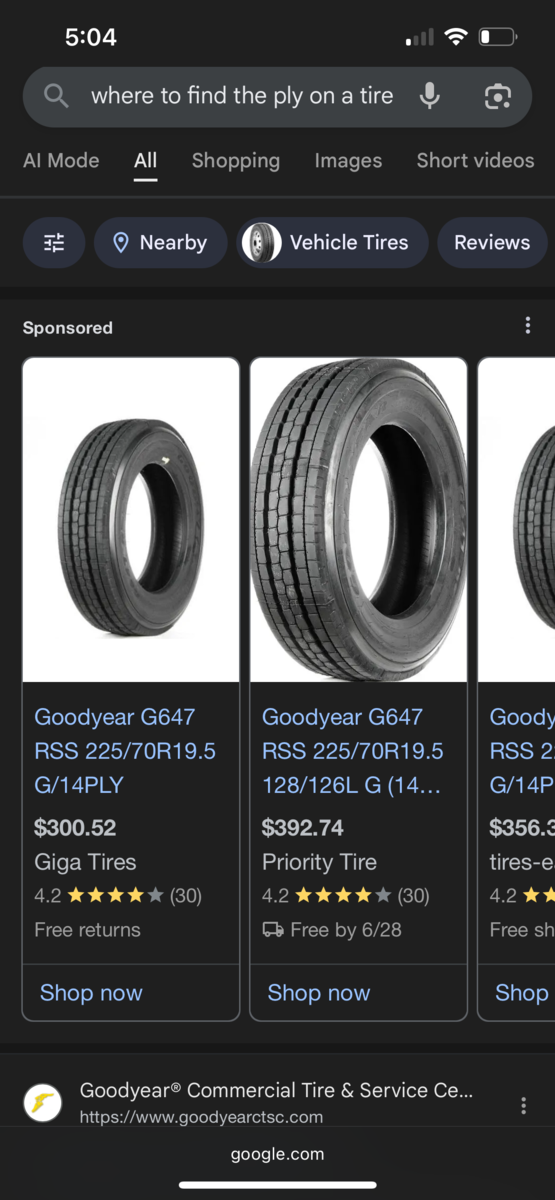 (6) each Goodyear RSS 225/70R19.5 tires