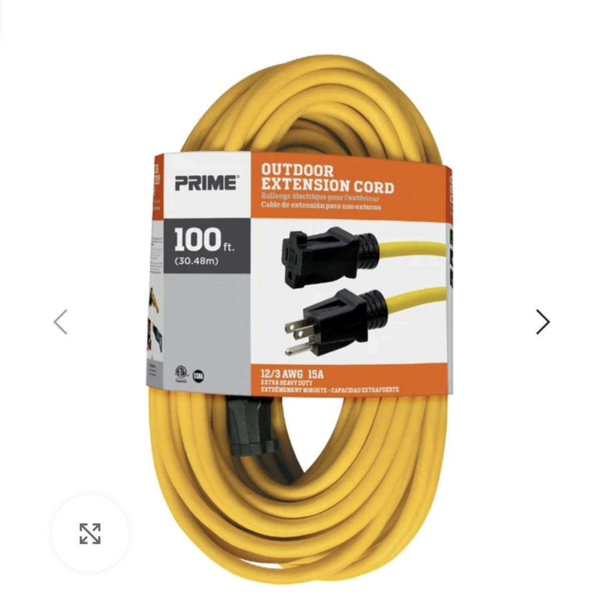 Prime 100’ – 12/3 SJTW Outdoor Extension Cord