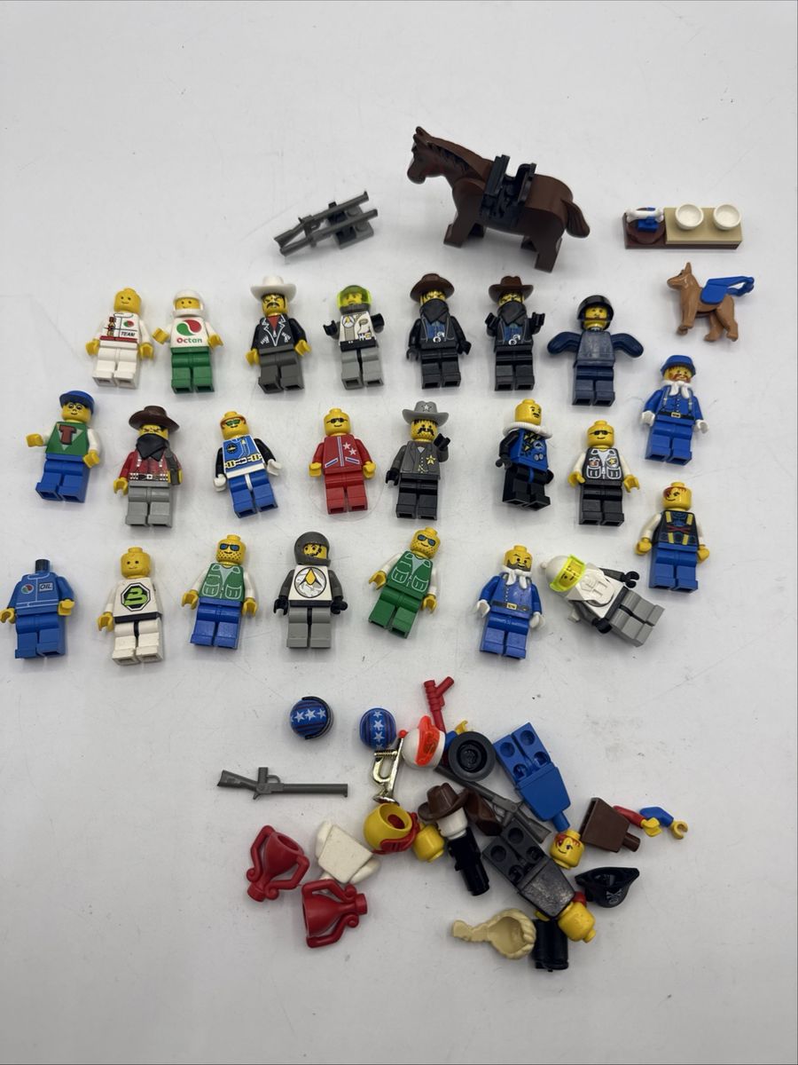 Vintage LEGO Minifigure Lot: Assorted Figures, Western & Police Themes, Horse, and Accessories