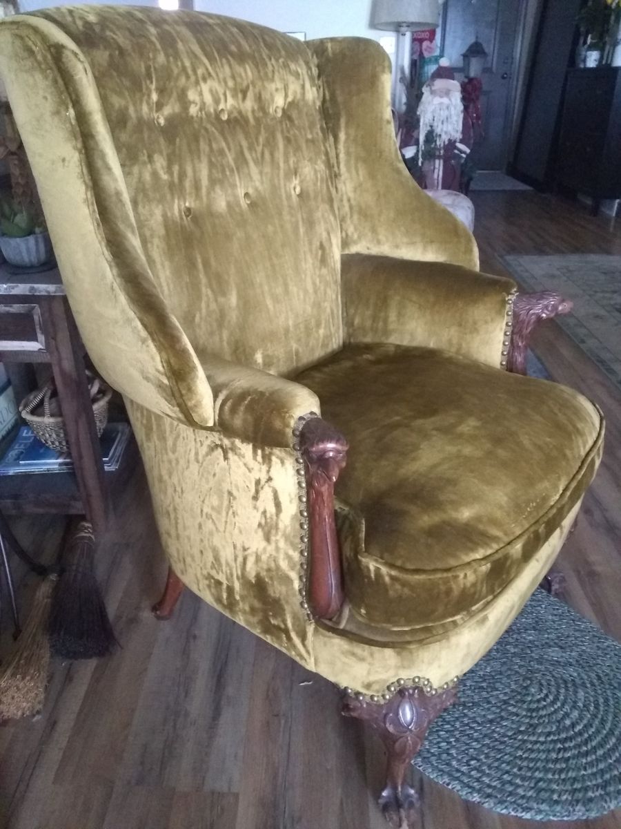 Vintage Crushed Velvet Wingback chair Olive green