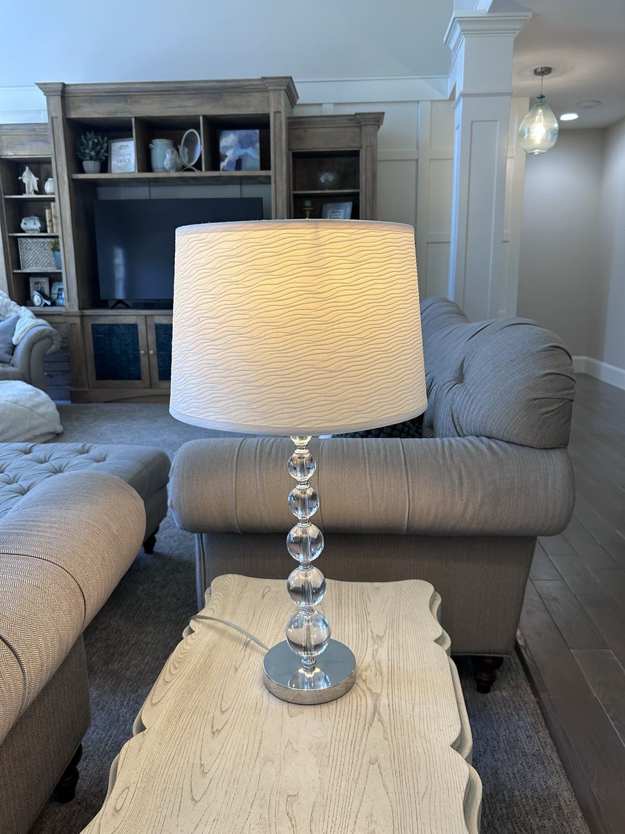 Clear Crystal Ball Stacked Table Lamp with White Fabric Shade